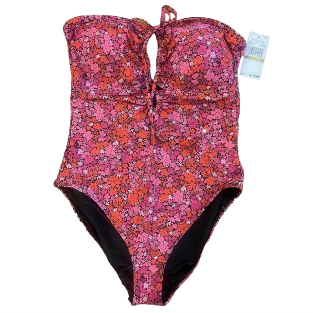 Michael Kors Floral Halter Neck Tie Multicolor Floral One Piece Swimsuit 10 New